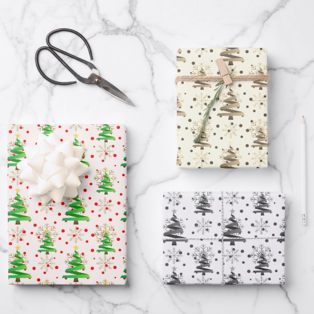 Hoja De Papel De Regalo Árboles de Navidad y copos de nieve de oro, sepia, (Anverso)