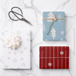 Hoja De Papel De Regalo Árboles de Navidad y estrellas de azul rojo y blan