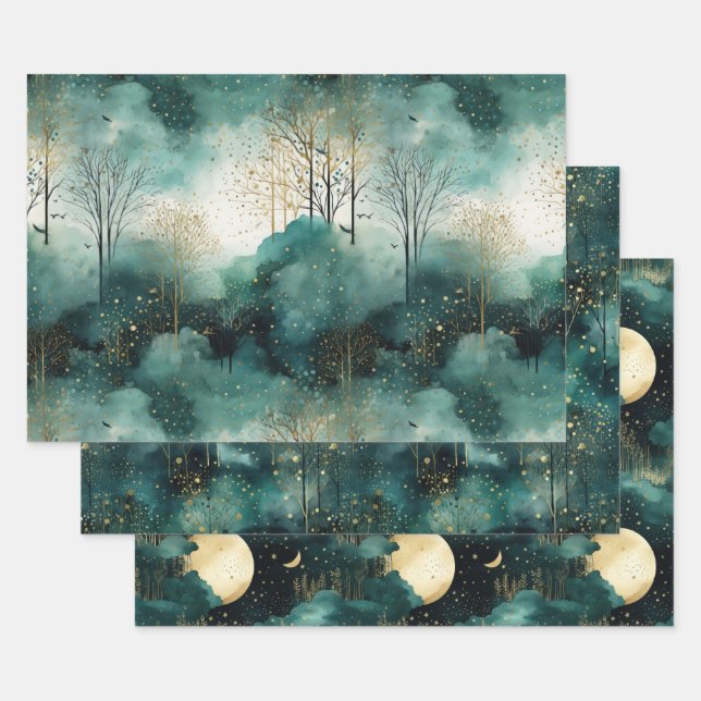 Hoja De Papel De Regalo Árboles de oro verdes con Navidades de aves (Set)