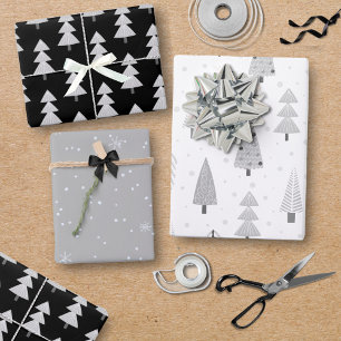 Hoja De Papel De Regalo Árboles modernos de Navidad Patrón gris negro plat