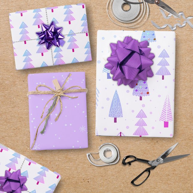 Hoja De Papel De Regalo Árboles modernos de Navidad Patrón púrpura rosado (Subido por el creador)