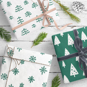 Hoja De Papel De Regalo Árboles modernos de Navidad verdes y blancos copos
