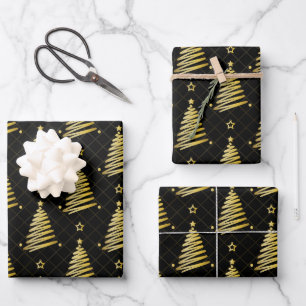 Hoja De Papel De Regalo Árboles modernos de oro navideño en negro