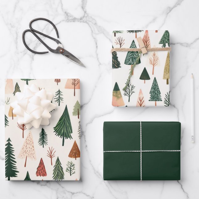 Hoja De Papel De Regalo Árboles modernos de oro rosado verde (Anverso)