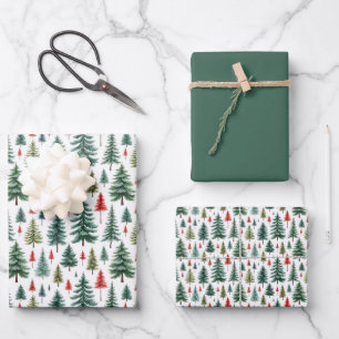 Hoja De Papel De Regalo Árboles navideños de color agua en blanco