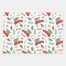 Hoja De Papel De Regalo Árboles navideños de color rojo vintage