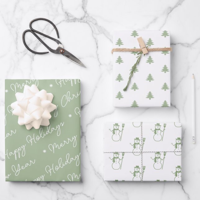 Hoja De Papel De Regalo Árboles navideños de invierno verde y sabio (Anverso)