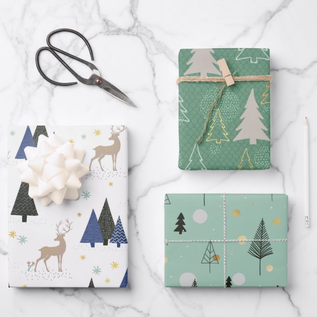 Hoja De Papel De Regalo Árboles navideños del bosque escandinavo conjunto  (Anverso)