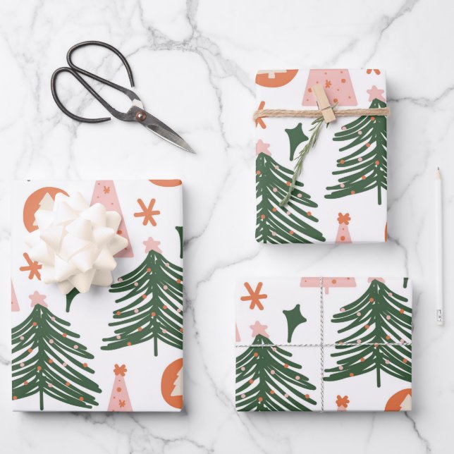 Hoja De Papel De Regalo Árboles navideños del Naranja rosa verde boho (Anverso)