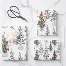 Hoja De Papel De Regalo Árboles navideños espesos de color de agua