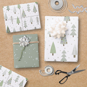 Hoja De Papel De Regalo Árboles navideños modernos Patrón de oliva verde e