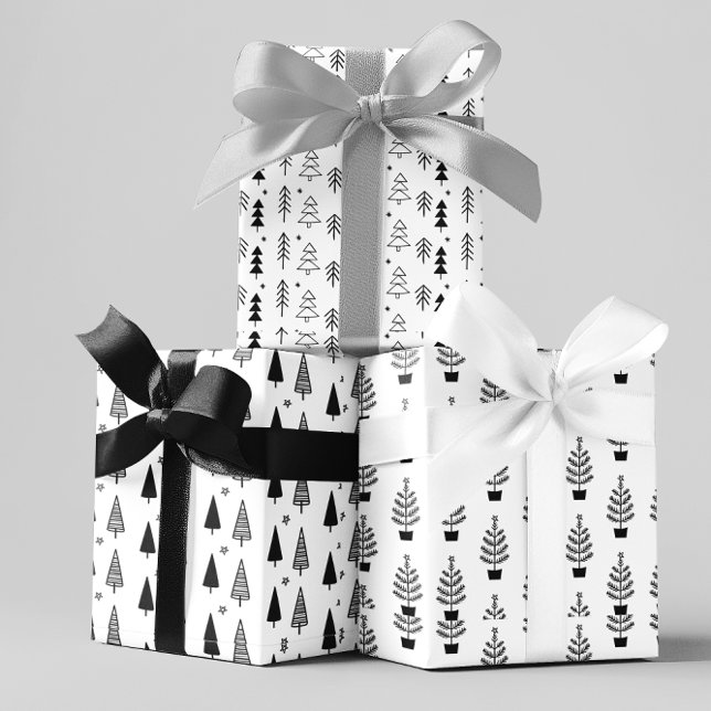 Hoja De Papel De Regalo Árboles navideños monocromos blancos negros mínimo (Subido por el creador)