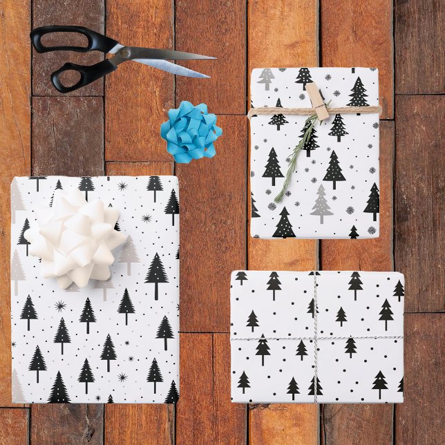 Hoja De Papel De Regalo Árboles navideños monocromos blancos negros mínimo (Subido por el creador)