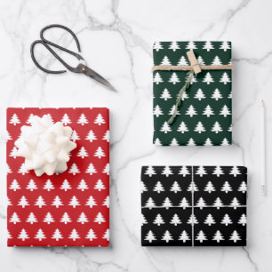 Hoja De Papel De Regalo Árboles navideños negros de color verde oscuro y r