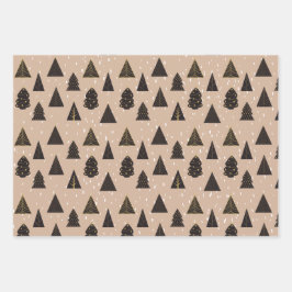 Hoja De Papel De Regalo Árboles navideños negros y dorados, nieve