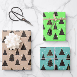 Hoja De Papel De Regalo Árboles navideños negros y dorados, nieve