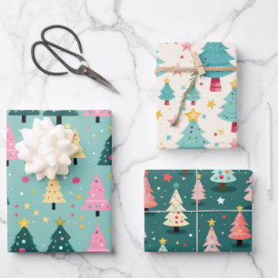 Hoja De Papel De Regalo Árboles navideños rosados verde azulados divertido