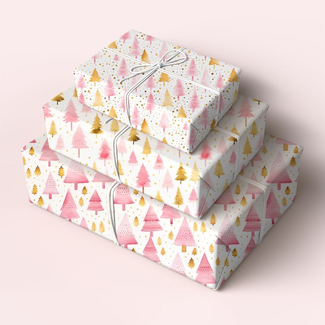 Hoja De Papel De Regalo Árboles navideños rosados y dorados (Subido por el creador)