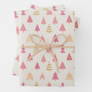 Hoja De Papel De Regalo Árboles navideños rosados y dorados