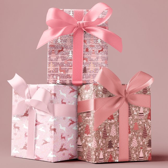 Hoja De Papel De Regalo Árboles Reno con brillo rosa de Navidad (Subido por el creador)