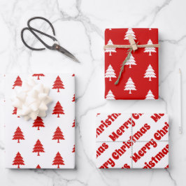 Hoja De Papel De Regalo Árboles rojos y blancos Feliz Navidad