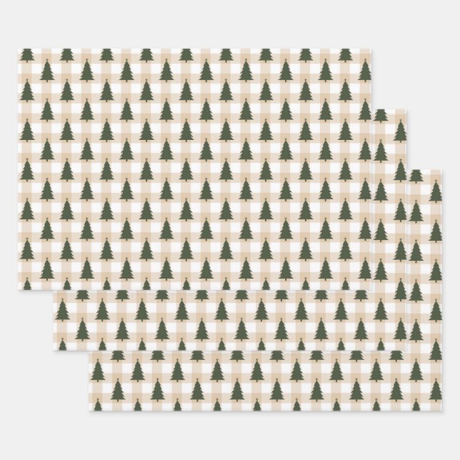Hoja De Papel De Regalo Árboles verdes de Navidad en rebanada crema (Set)