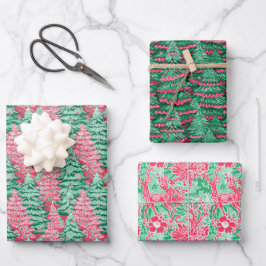 Hoja De Papel De Regalo Árboles y renos de la Navidad Preppy Rojo y Verde