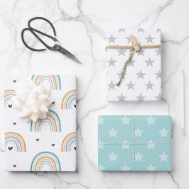 Hoja De Papel De Regalo Arcoiris azul acuarela y estrellas