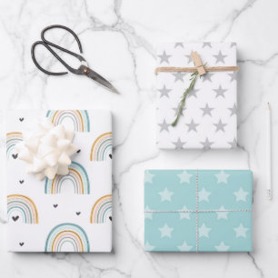 Hoja De Papel De Regalo Arcoiris azul acuarela y estrellas