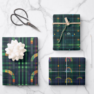 Hoja De Papel De Regalo Arcoiris irlandés St. Patrick Tartan Plaid set 4