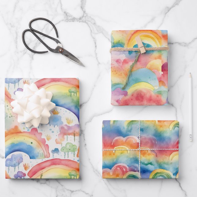 Hoja De Papel De Regalo Arcoiris y nubes acuarelas (Anverso)