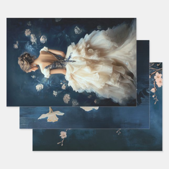 Hoja De Papel De Regalo Aristocrat Lady Elegant Portrait Navy Blue (Set)