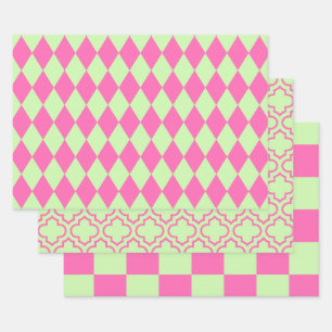 Hoja De Papel De Regalo Arlequín Cuadros Marroquíes DIY Colores Apio Rosa