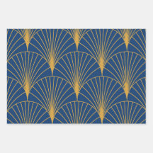 Art Deco Abanicos Geométricos Dorados sobre Azul M
