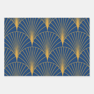 Hoja De Papel De Regalo Art Deco Abanicos Geométricos Dorados sobre Azul M