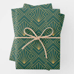 Hoja De Papel De Regalo Art Deco Resumen de cosecha Geométrica Verde y Oro