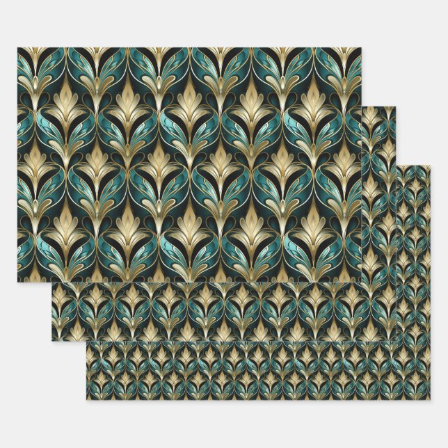 Hoja De Papel De Regalo Art Deco Teal & Gold Fan Pattern Wrapping Paper (Set)