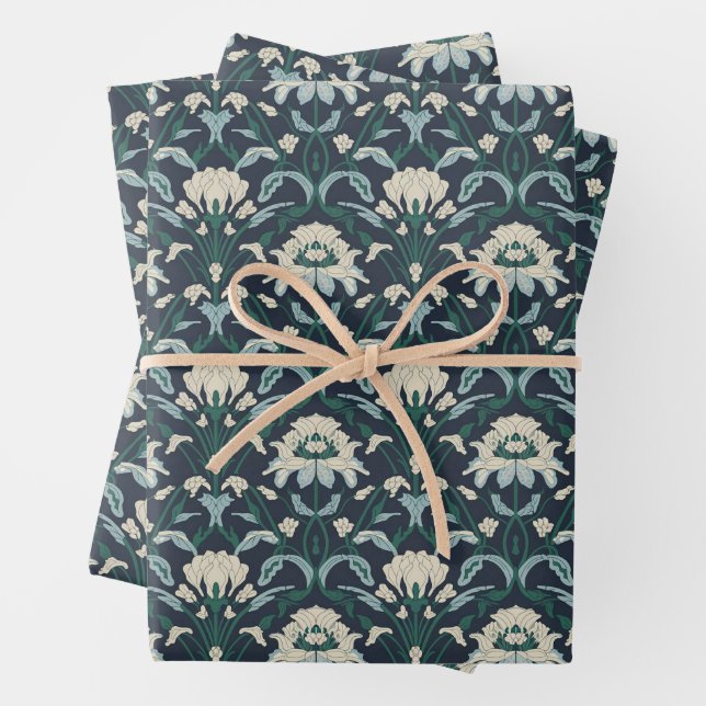 Hoja De Papel De Regalo Art Nouveau Floral Azul Crema Verde (In situ)