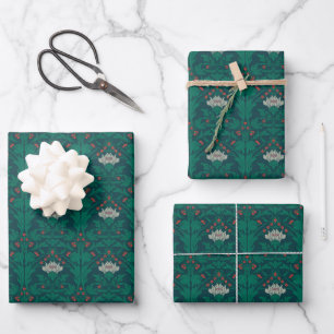 Hoja De Papel De Regalo Art Nouveau Floral Verde Blanco Gris Rojo