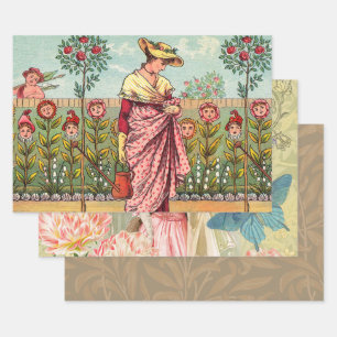 Hoja De Papel De Regalo Arte Antiguo Mujer Flor Crecimiento Jardín