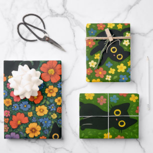 Hoja De Papel De Regalo Arte de Jardín Kawaii – Patrón Floral de Gato Negr
