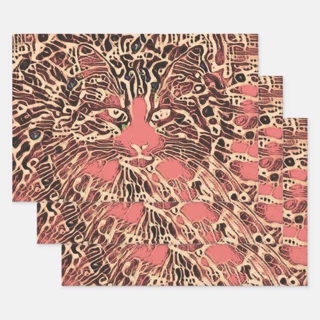 Hoja De Papel De Regalo Arte de mosaico hippie rosado marrón de gato triba (Set)