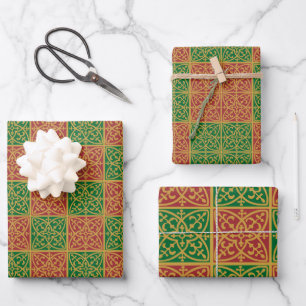Hoja De Papel De Regalo Arte de mosaico rojo y verde sobre patrón de oro