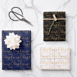Hoja De Papel De Regalo Arte de palabras de Navidad en azul marino, negro 