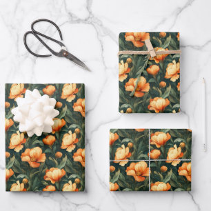 Hoja De Papel De Regalo Arte Floral Modernista Naranja