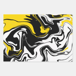 Hoja De Papel De Regalo Arte Fluido Abstracto con negro, blanco y amarillo