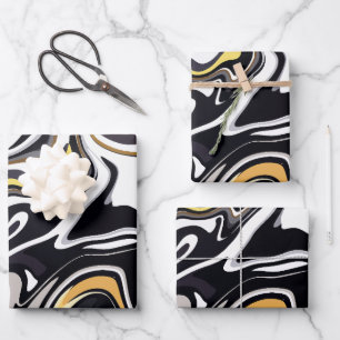 Hoja De Papel De Regalo Arte fluido con remolinos de oro, negro y blanco