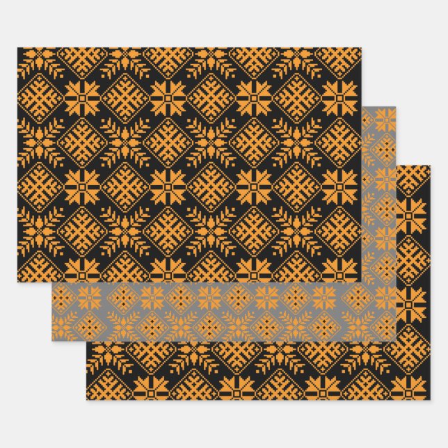 Hoja De Papel De Regalo Arte folclórico negro, naranja y gris letón (Set)