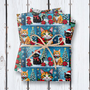 Hoja De Papel De Regalo Arte Popular Impasto Gato Festivo Navidad