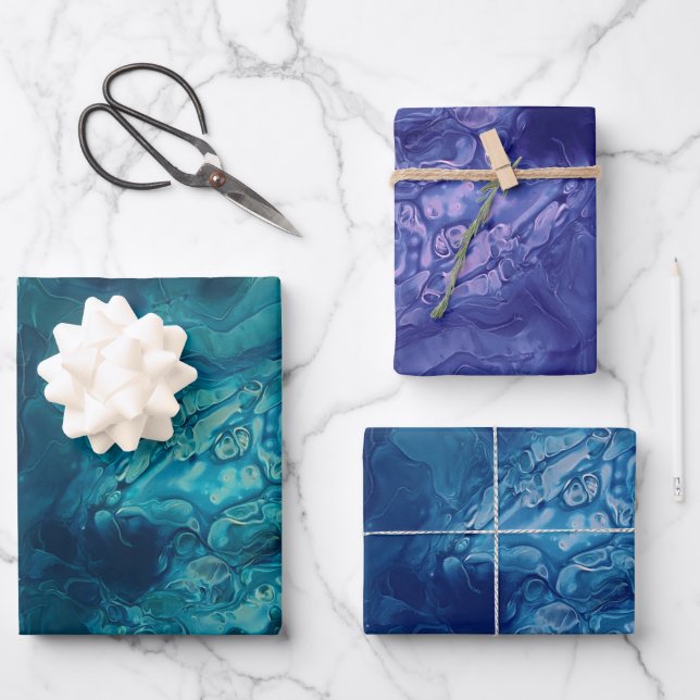 Hoja De Papel De Regalo Arte verde azulado de fluido violeta azul acrílico (Anverso)